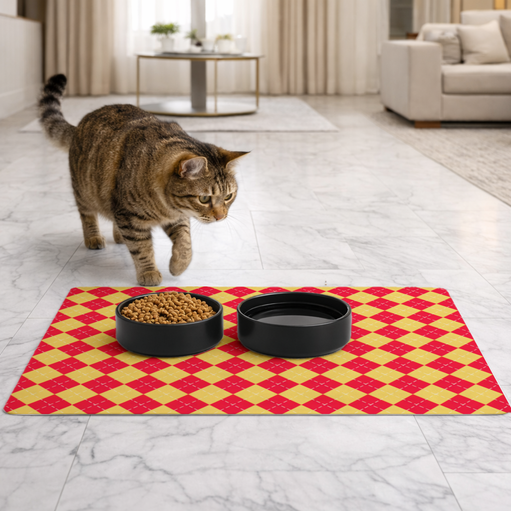 Red and Yellow Argyle Geometric Pattern Background Pet Feeding Mat