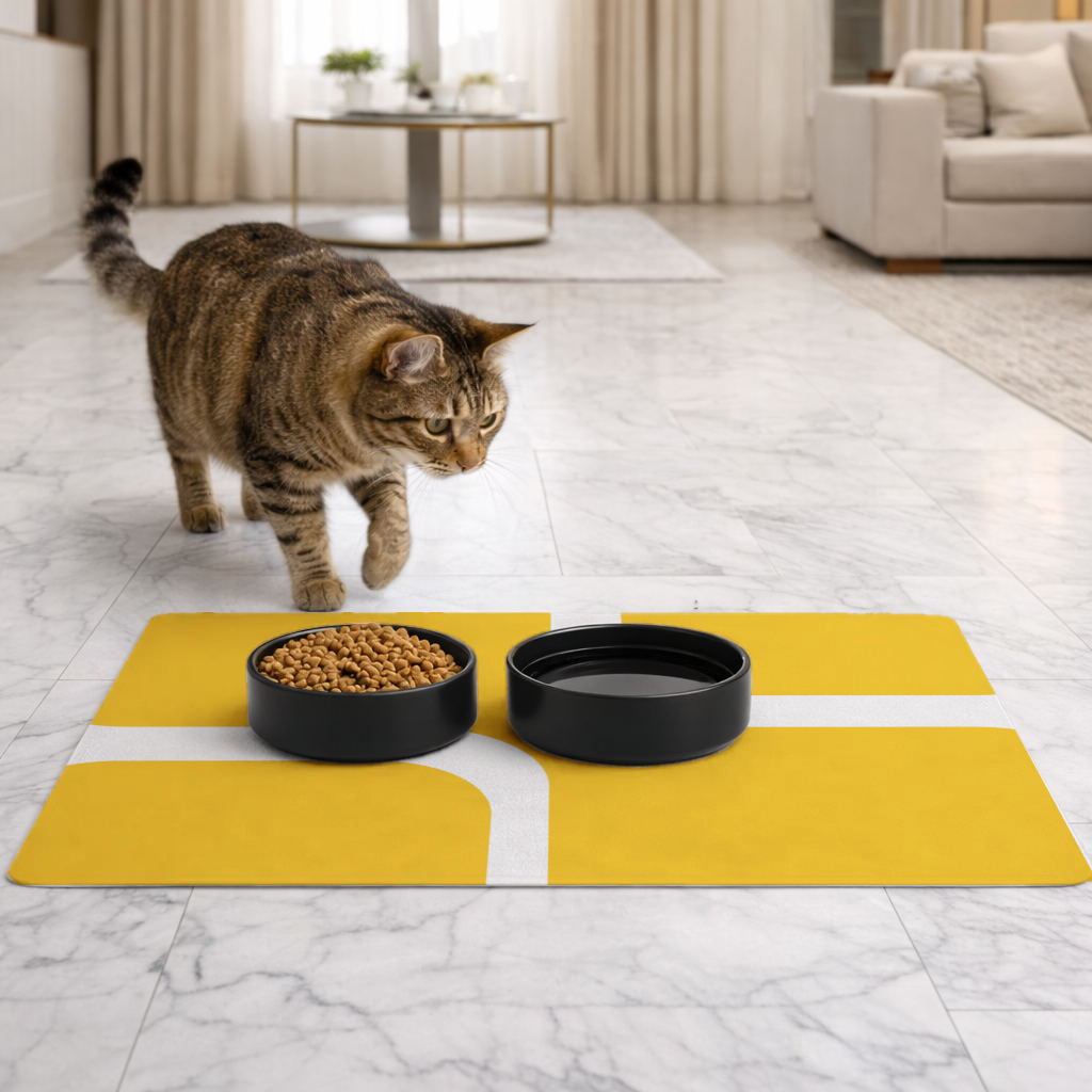 Yellow Geometric Labyrinth and Modern Abstract Pattern Pet Feeding Mat
