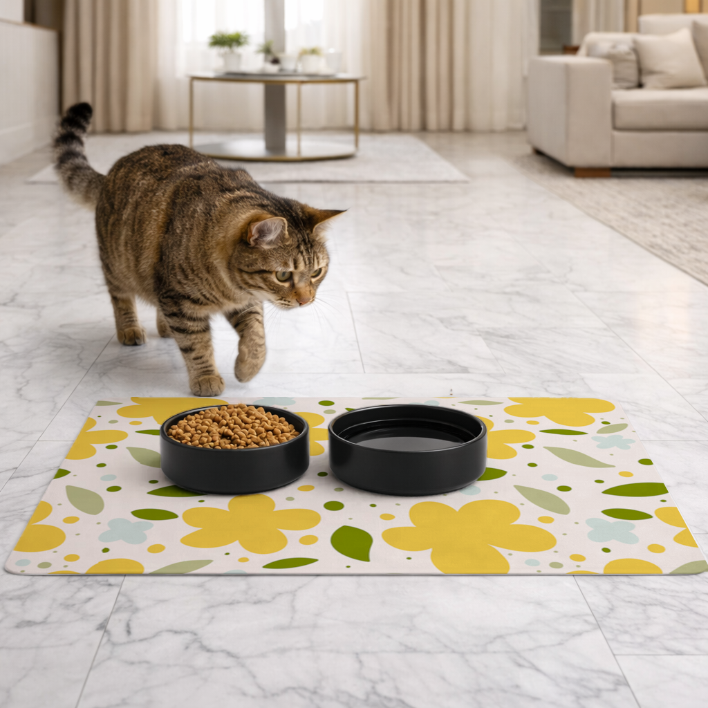 Yellow Floral and Leaf Boho Seamless Pattern Pet Feeding Mat