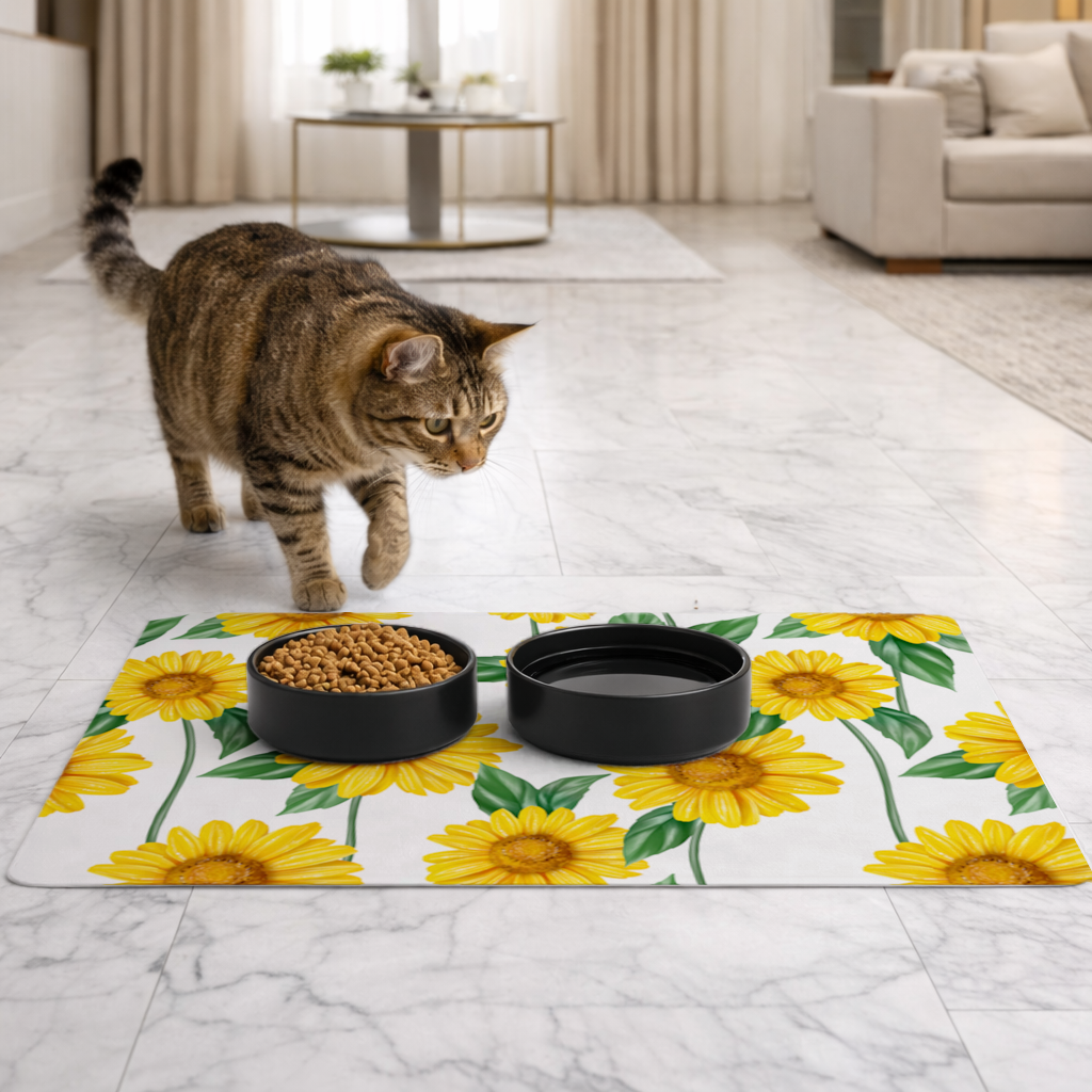 Vibrant Yellow Sunflower and Green Leaf Pattern Illustration Pet Feeding Mat