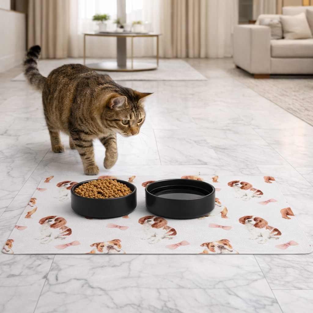 Watercolor English Bulldog and Cavalier Puppy Pattern Pet Feeding Mat