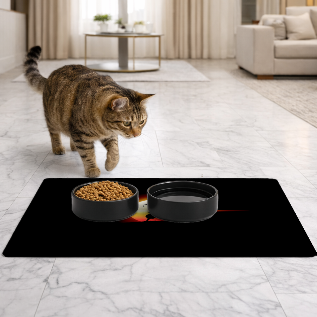 Samurai Silhouette Under the Rising Sun Honor and Strength Pet Feeding Mat