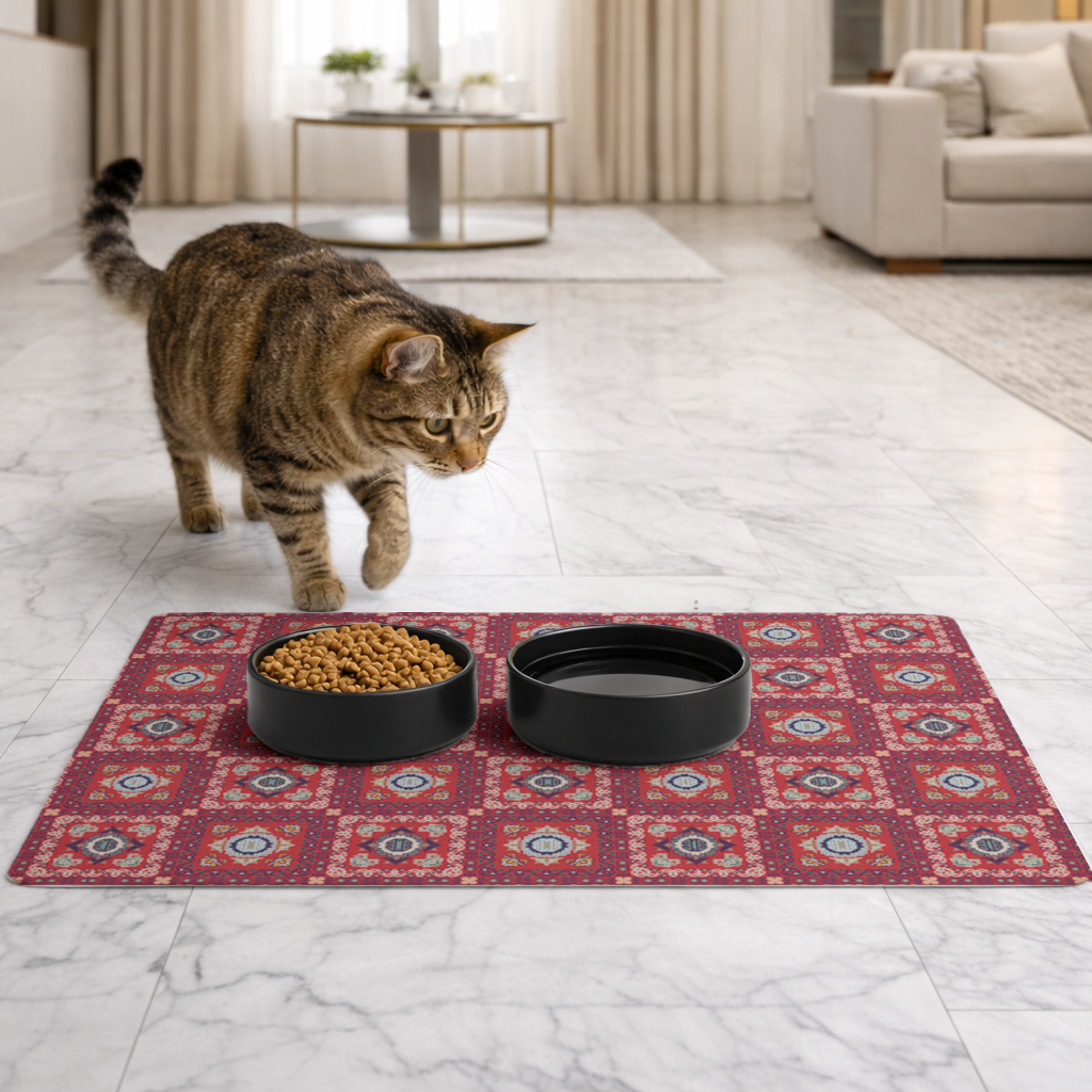 Traditional Kilim Inspired Red Ethnic Geometric Pattern Pet Feeding Mat