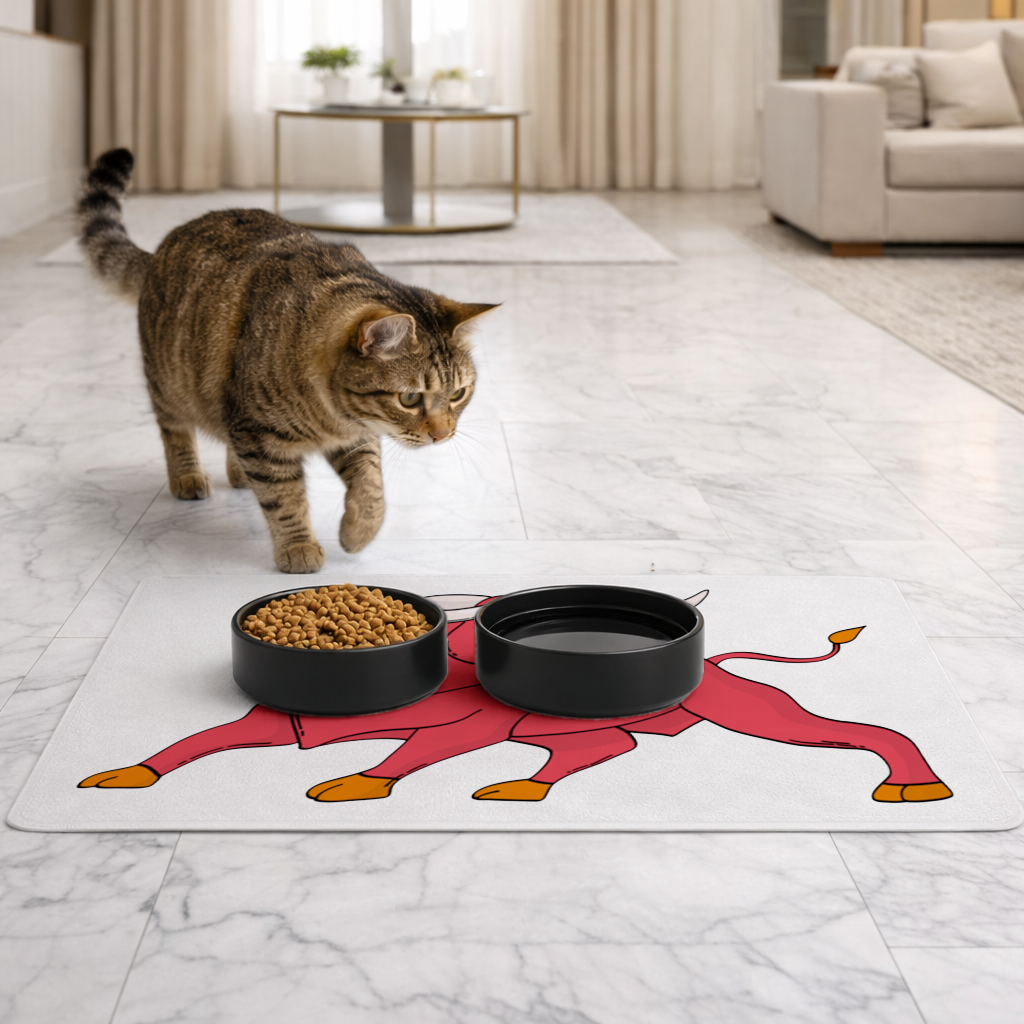 Spanish Red Bull Illustration Inspired by Matador Theme Pet Feeding Mat
