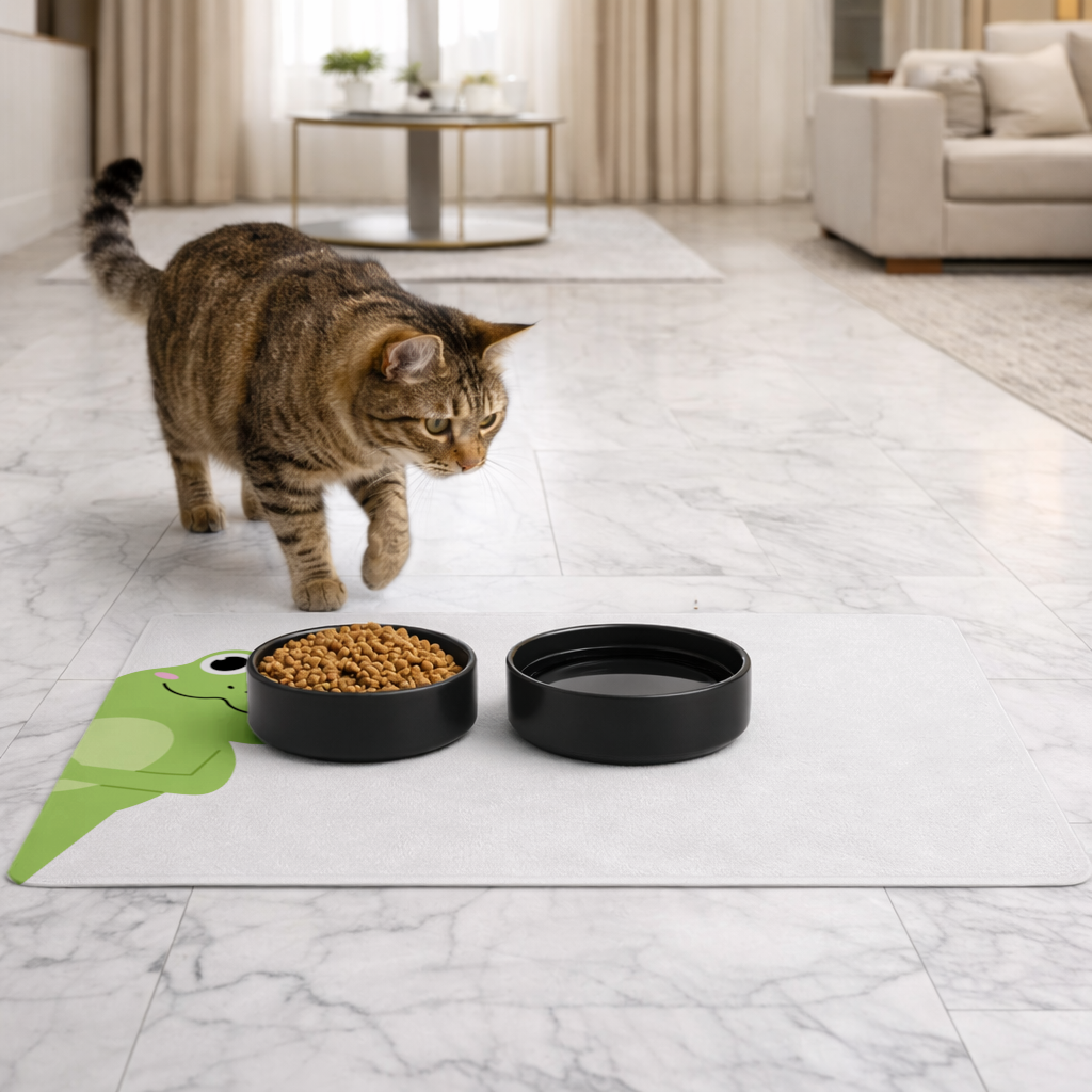 Cute Green Frog Peek-a-Boo Illustration Pet Feeding Mat