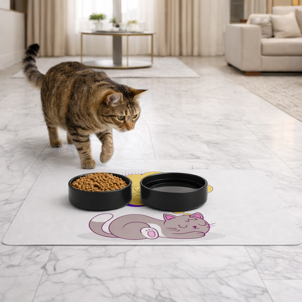 Cat Planning a 4 AM Zoomies Illustration Pet Feeding Mat