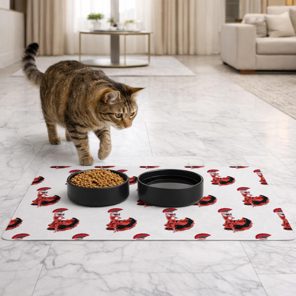 Flamenco Dancer with Fan Illustration Pet Feeding Mat