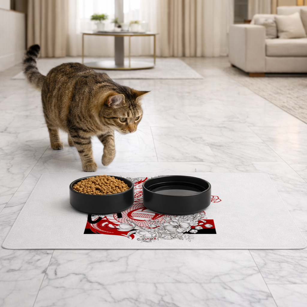 Japon Ejderhası ve Çiçek Deseni Evcil Hayvan Besleme Matı