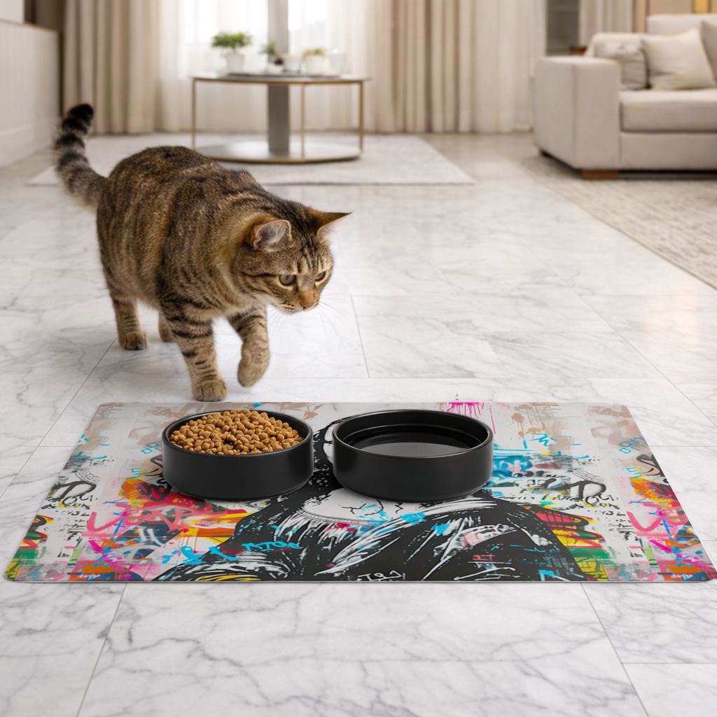 Graffiti Style Modern Mona Lisa Illustration Pet Feeding Mat