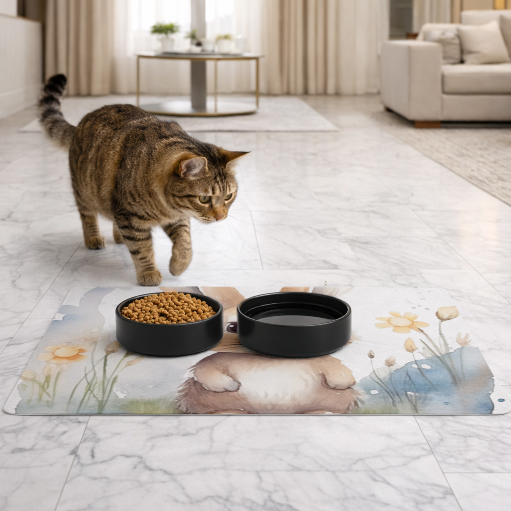 Cute Bunny Watercolor Illustration Pet Feeding Mat