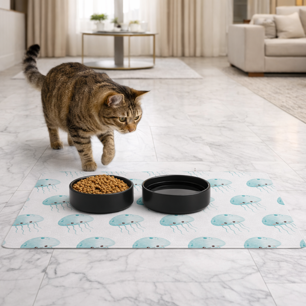 Cute Blue Jellyfish Character Pet Feeding Mat