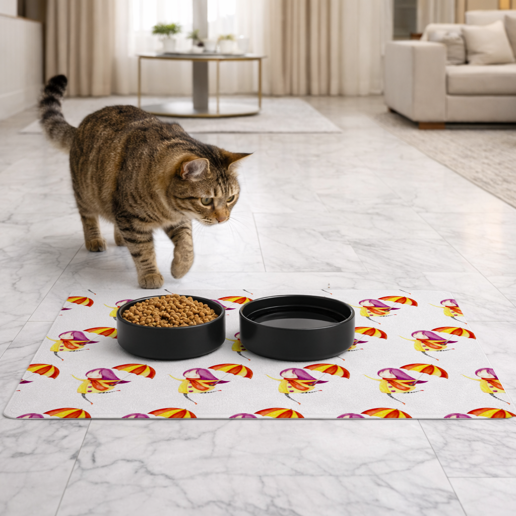Cheerful Girl with Umbrella Pet Feeding Mat