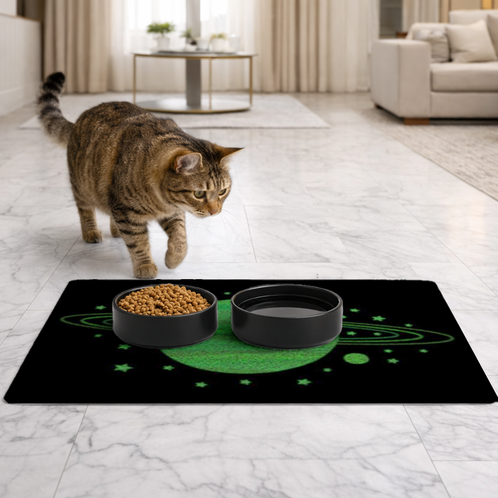 Green planets on a black background. Pet Feeding Mat