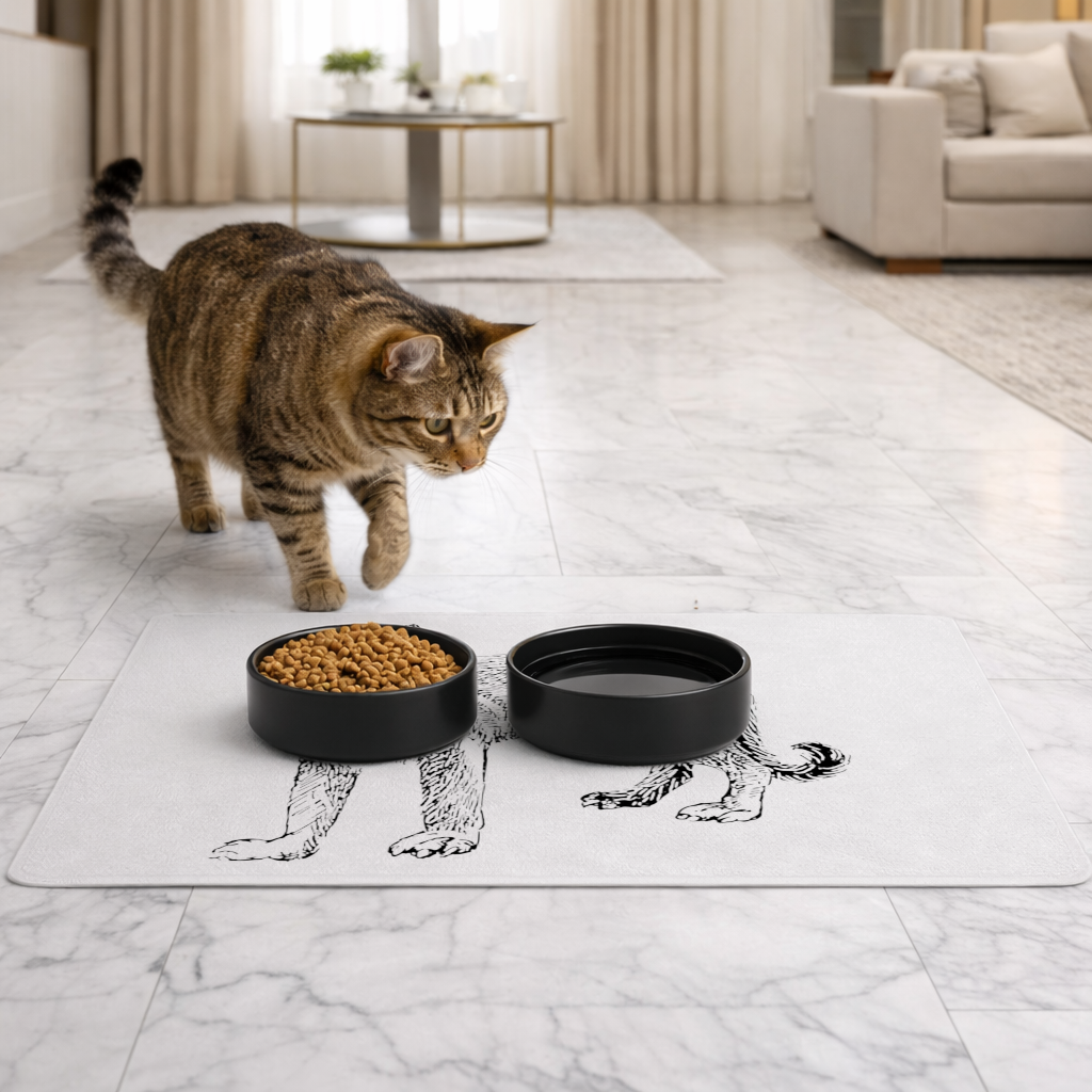 Siyah Beyaz Vahşi Kedi Eskiz Çizimi Evcil Hayvan Besleme Matı