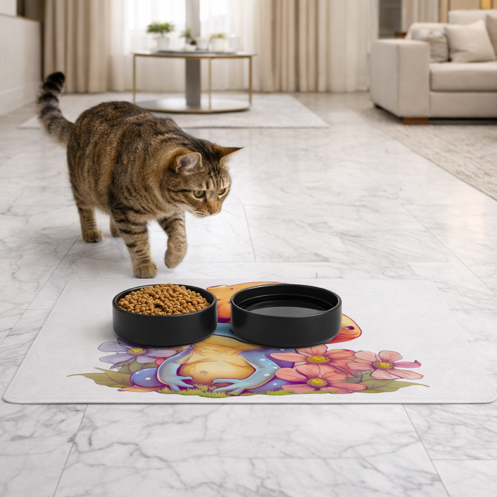 Mavi Kurbağa ve Turuncu Mantar Altında Huzur Evcil Hayvan Besleme Matı