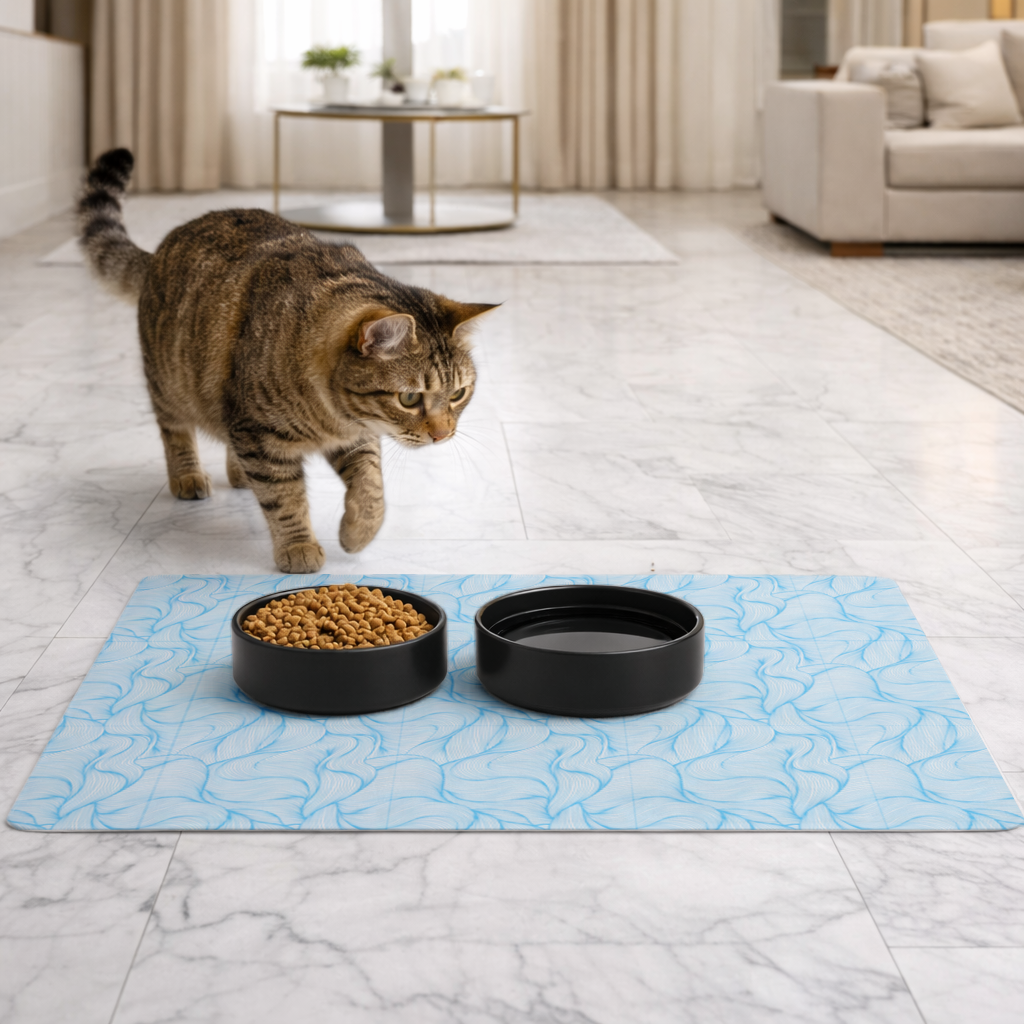 Blue Wavy Linear Abstract Pattern Pet Feeding Mat