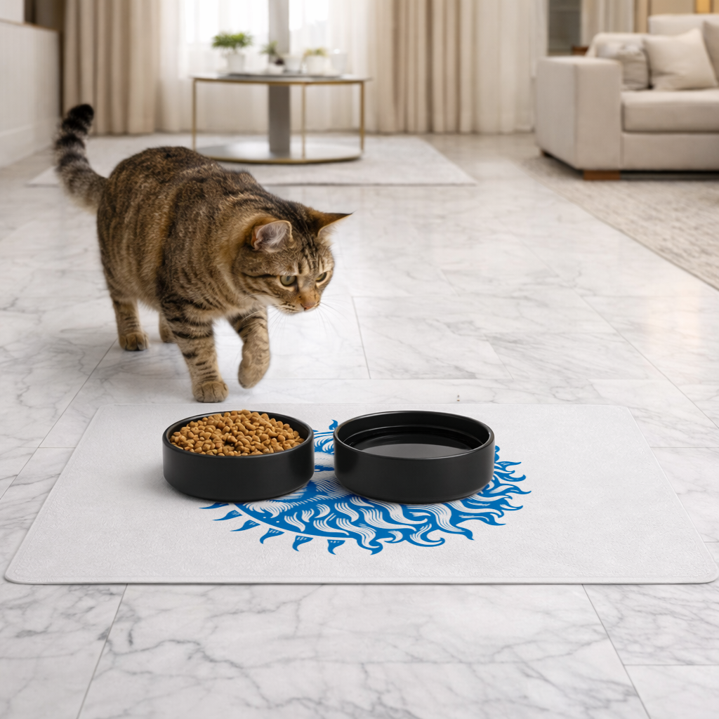 Leo Zodiac Sun and Moon Blue Motif Pet Feeding Mat