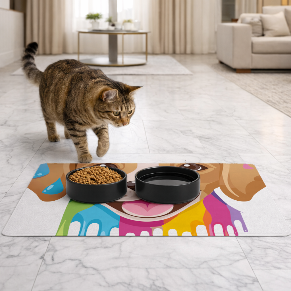 Happy Dog with Colorful Paint Drips Pet Feeding Mat