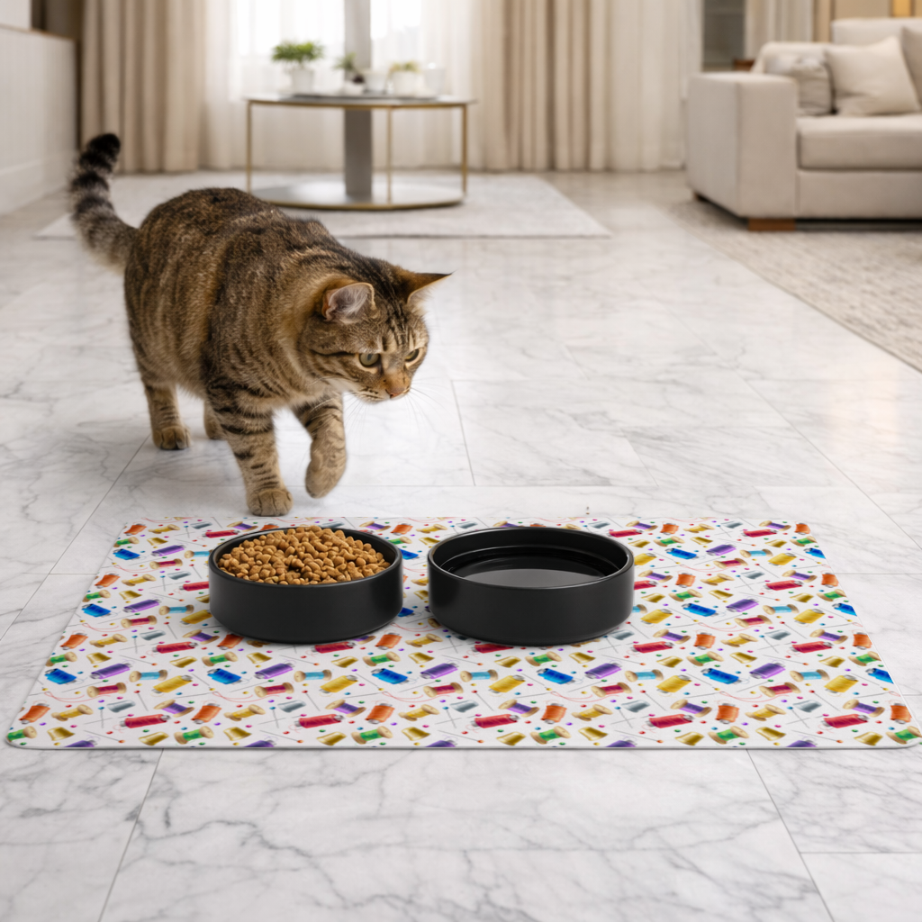 Colorful Thread Spools and Sewing Tools Pattern Pet Feeding Mat