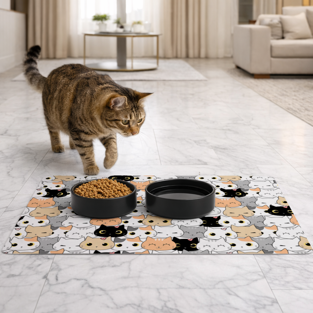 Renkli ve Sevimli Kedi Suratları Deseni Evcil Hayvan Besleme Matı