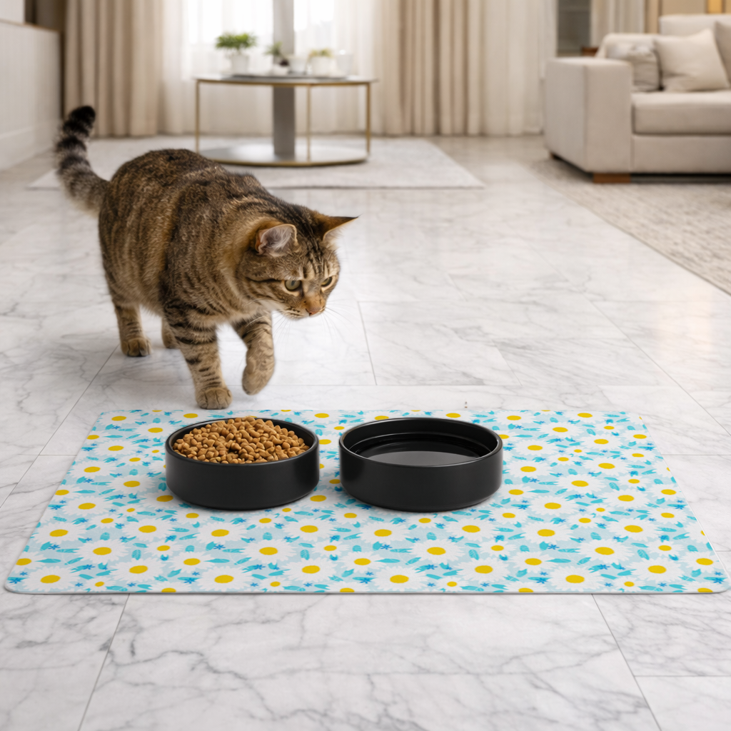 Daisy Garden and Turquoise Leaves Pattern Pet Feeding Mat