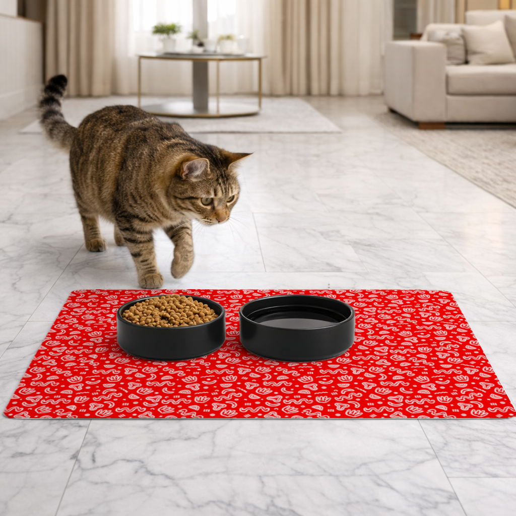 Red Abstract Doodle Pet Feeding Mat