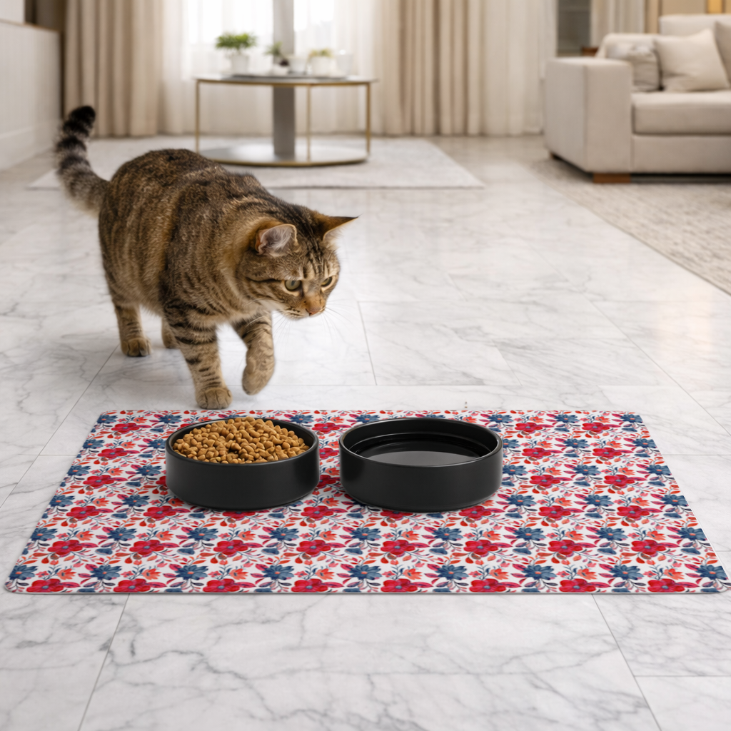Watercolor Red Navy Floral Pet Feeding Mat