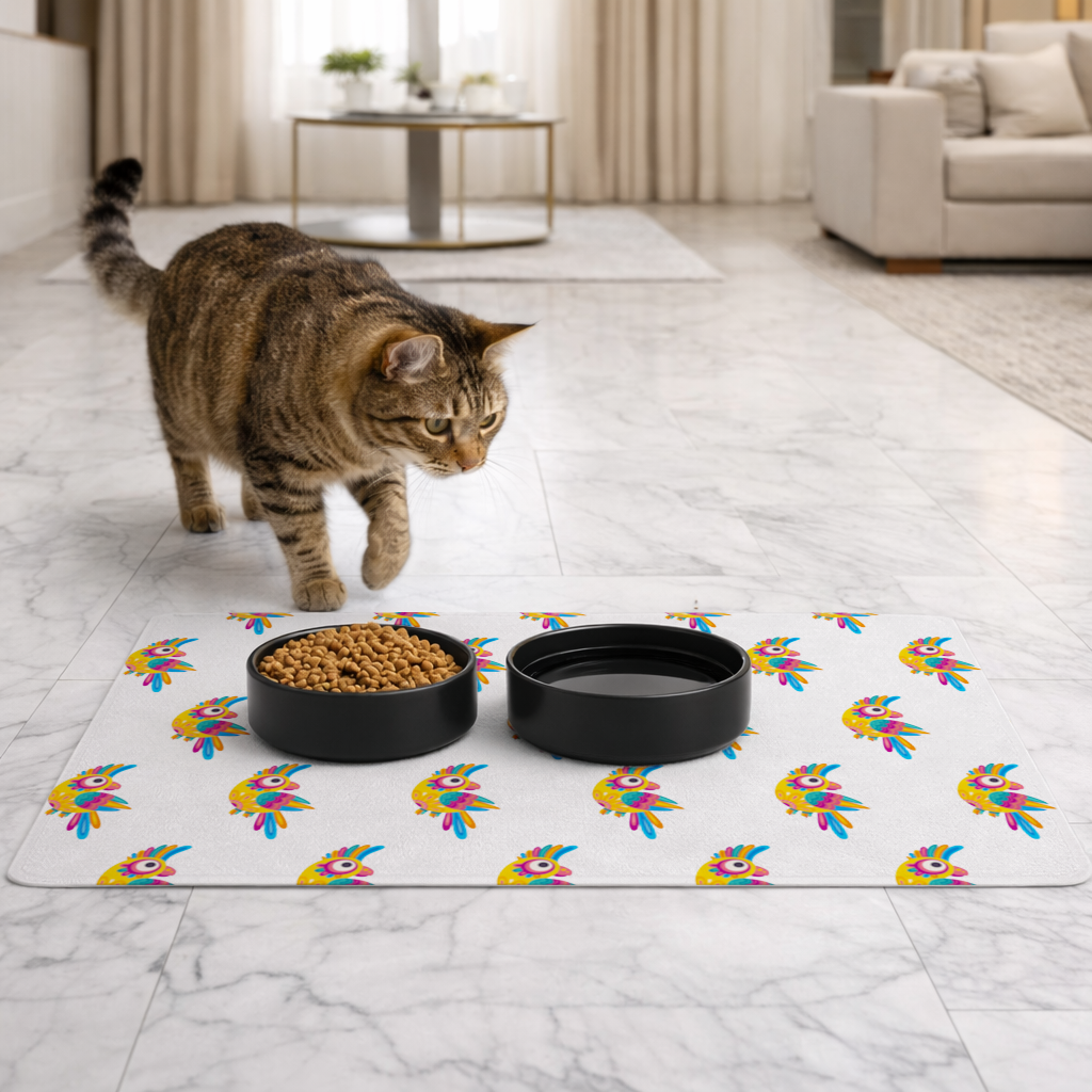 Vibrant Tropical Parrot Folk Pet Feeding Mat