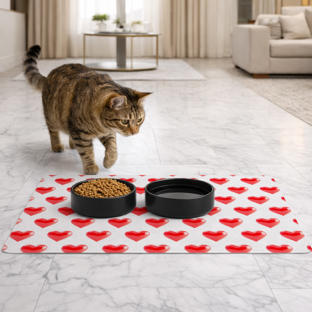 Glossy Red 3D Heart Pet Feeding Mat