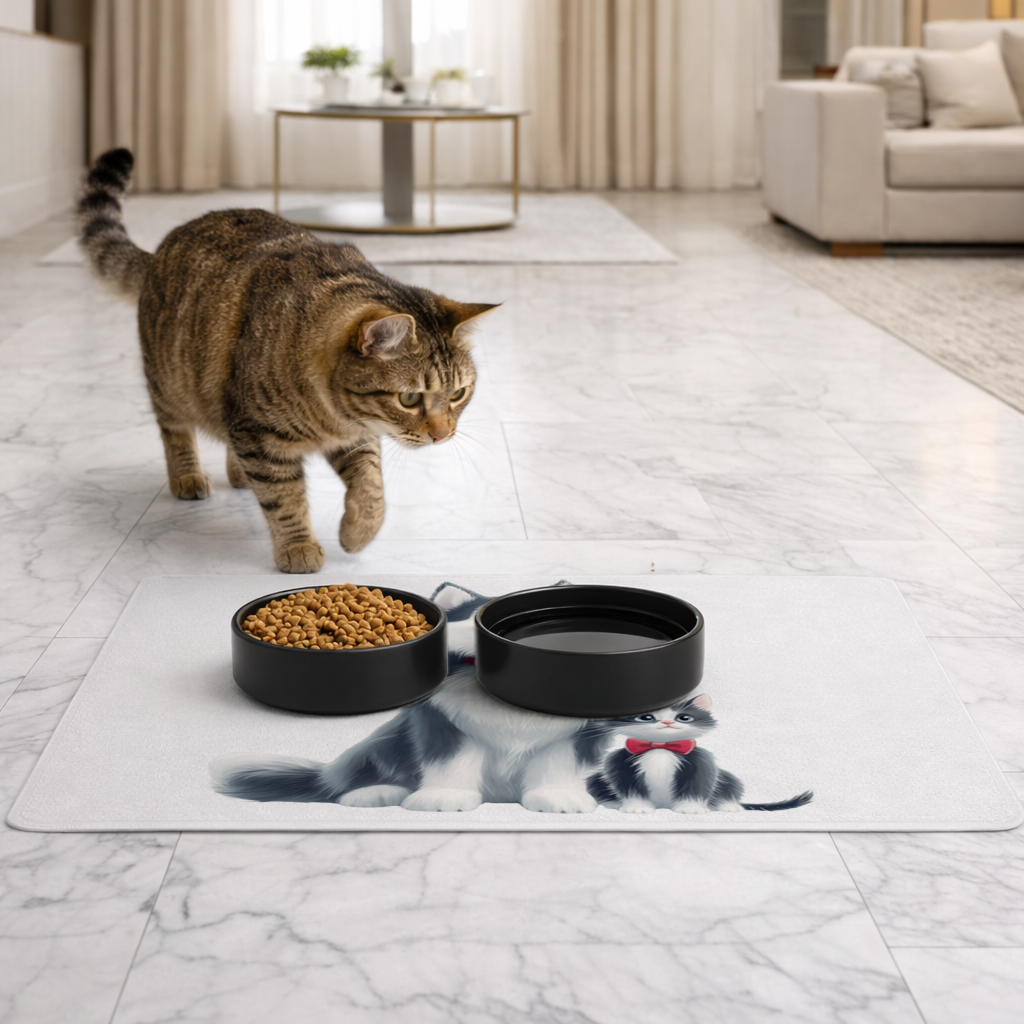 Cute Husky and Kitten with Red Bowties Pet Feeding Mat