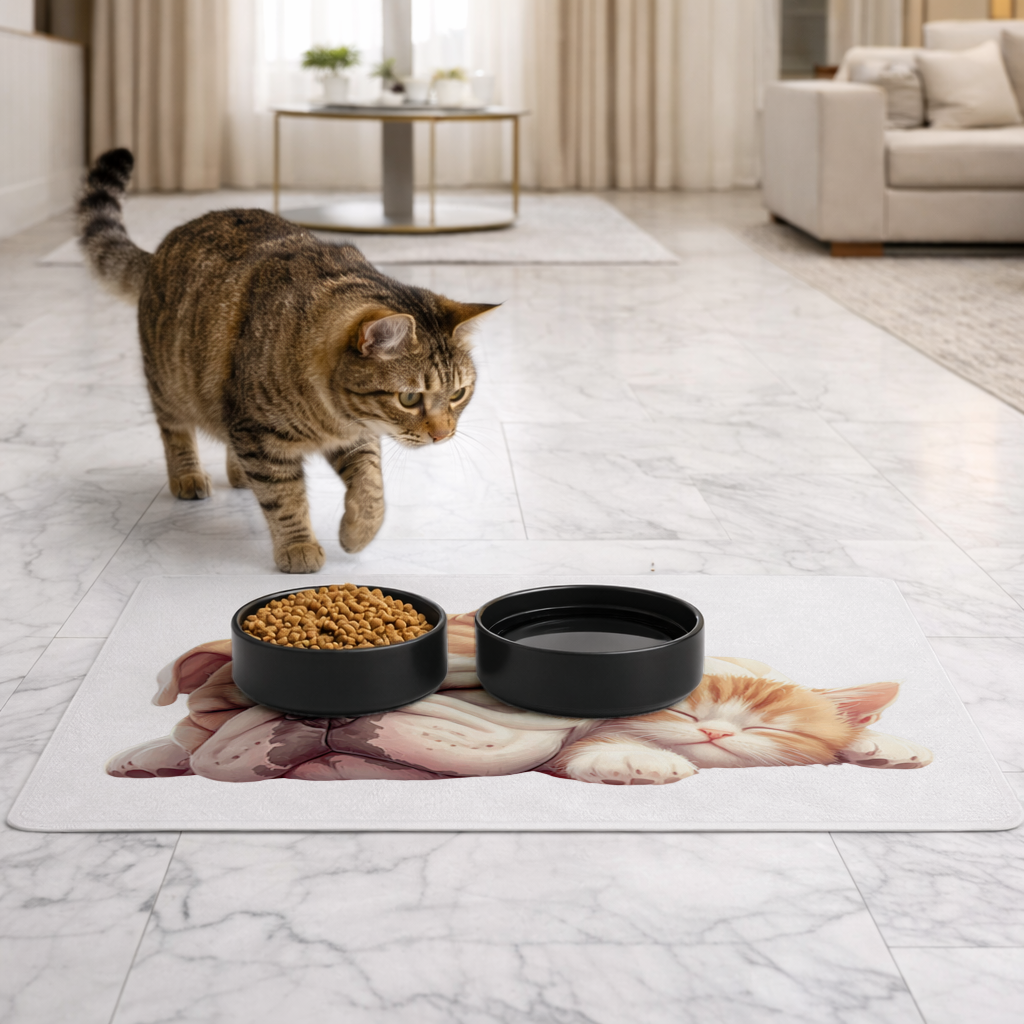Sleeping Bulldog and Ginger Kitten Pet Feeding Mat
