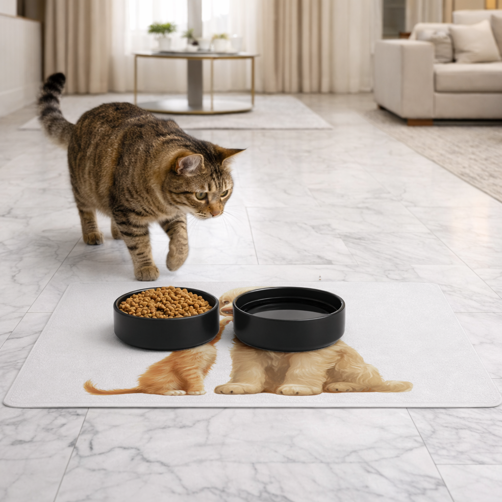 Golden Retriever and Ginger Kitten Pet Feeding Mat