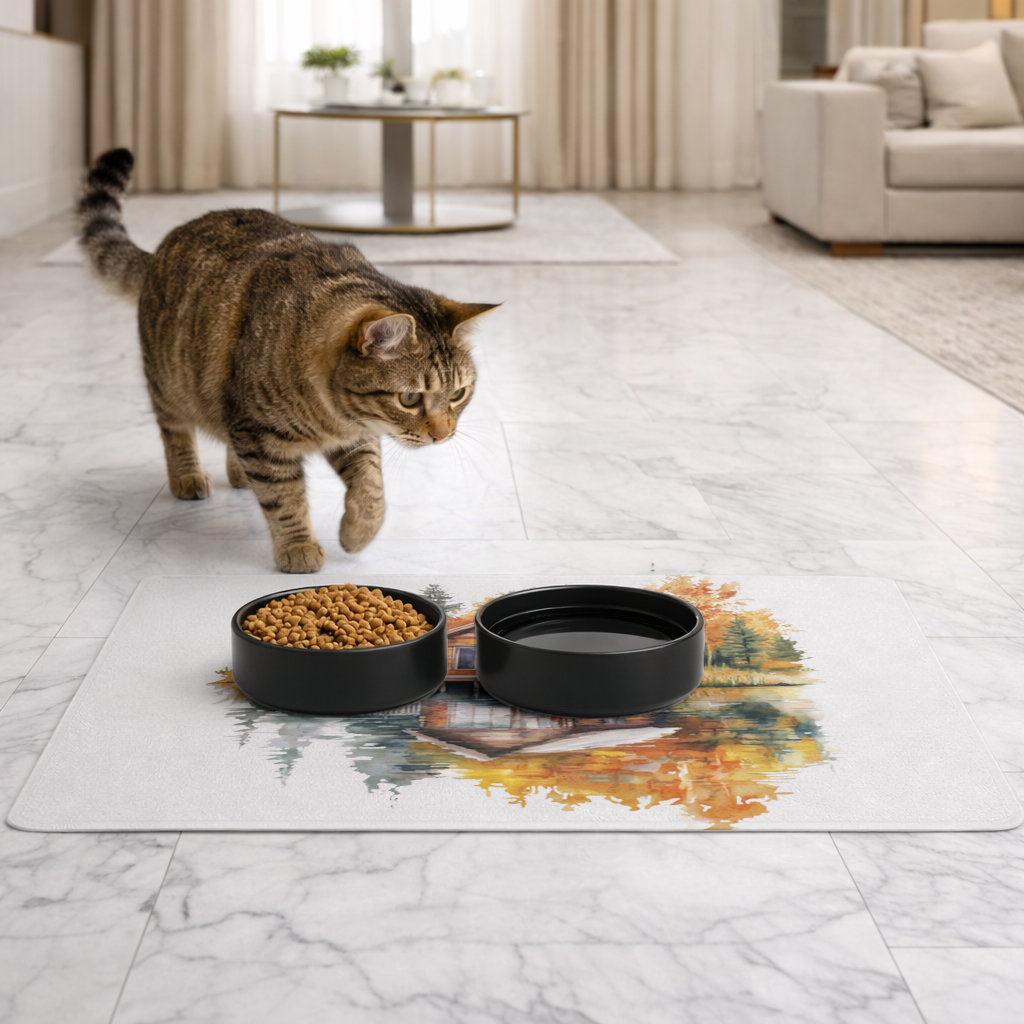 Lakeside Log Cabin Autumn Landscape Pet Feeding Mat