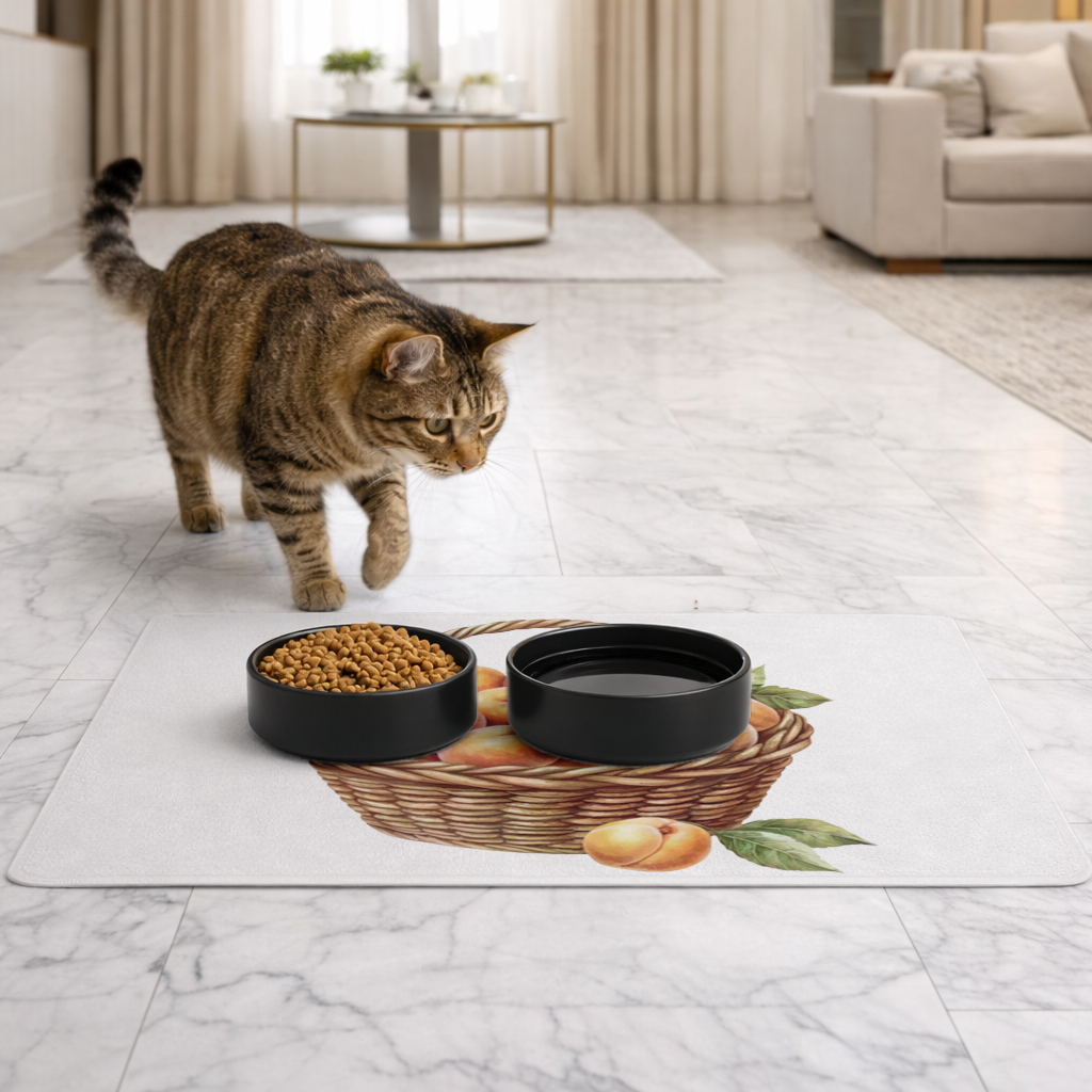 Fresh Peaches in Wicker Basket Pet Feeding Mat