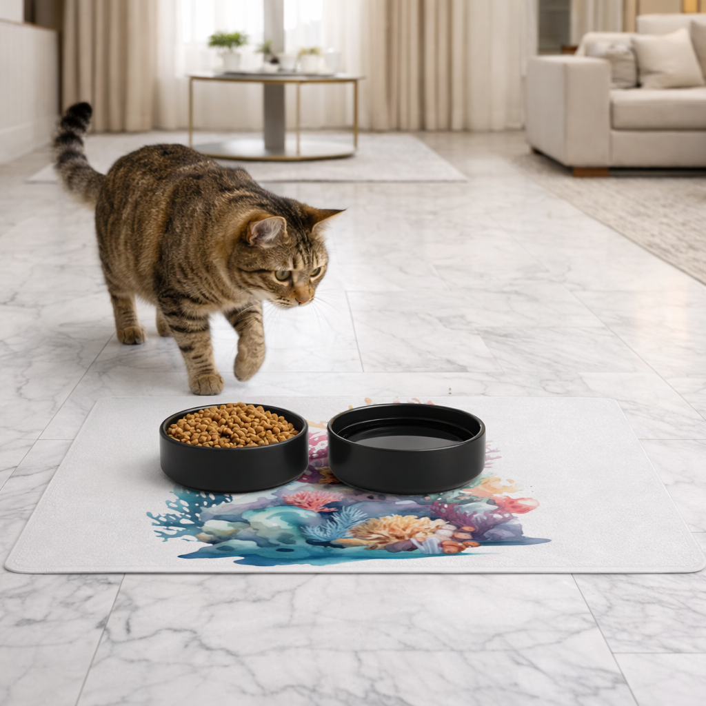 Vibrant Watercolor Coral Reef Scene Pet Feeding Mat