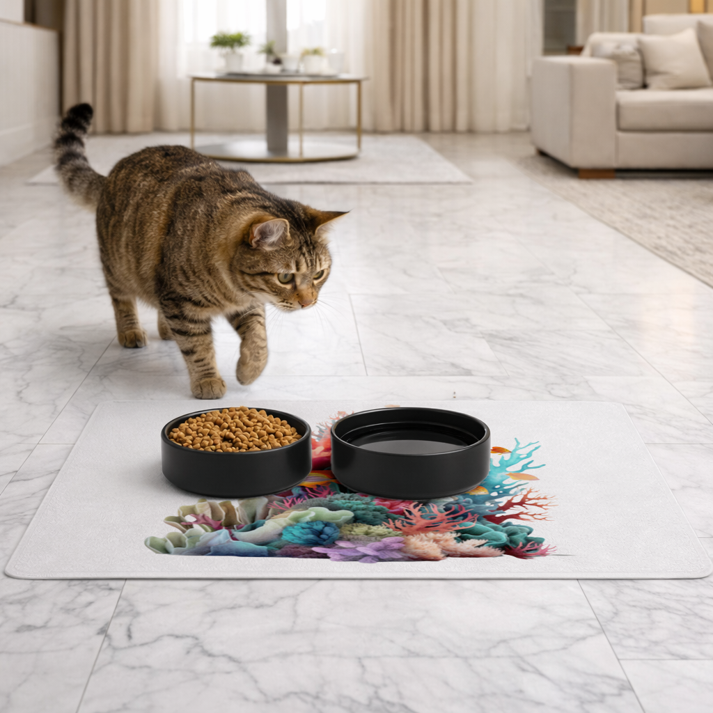 Vibrant Coral Reef and Tropical Fish Pet Feeding Mat