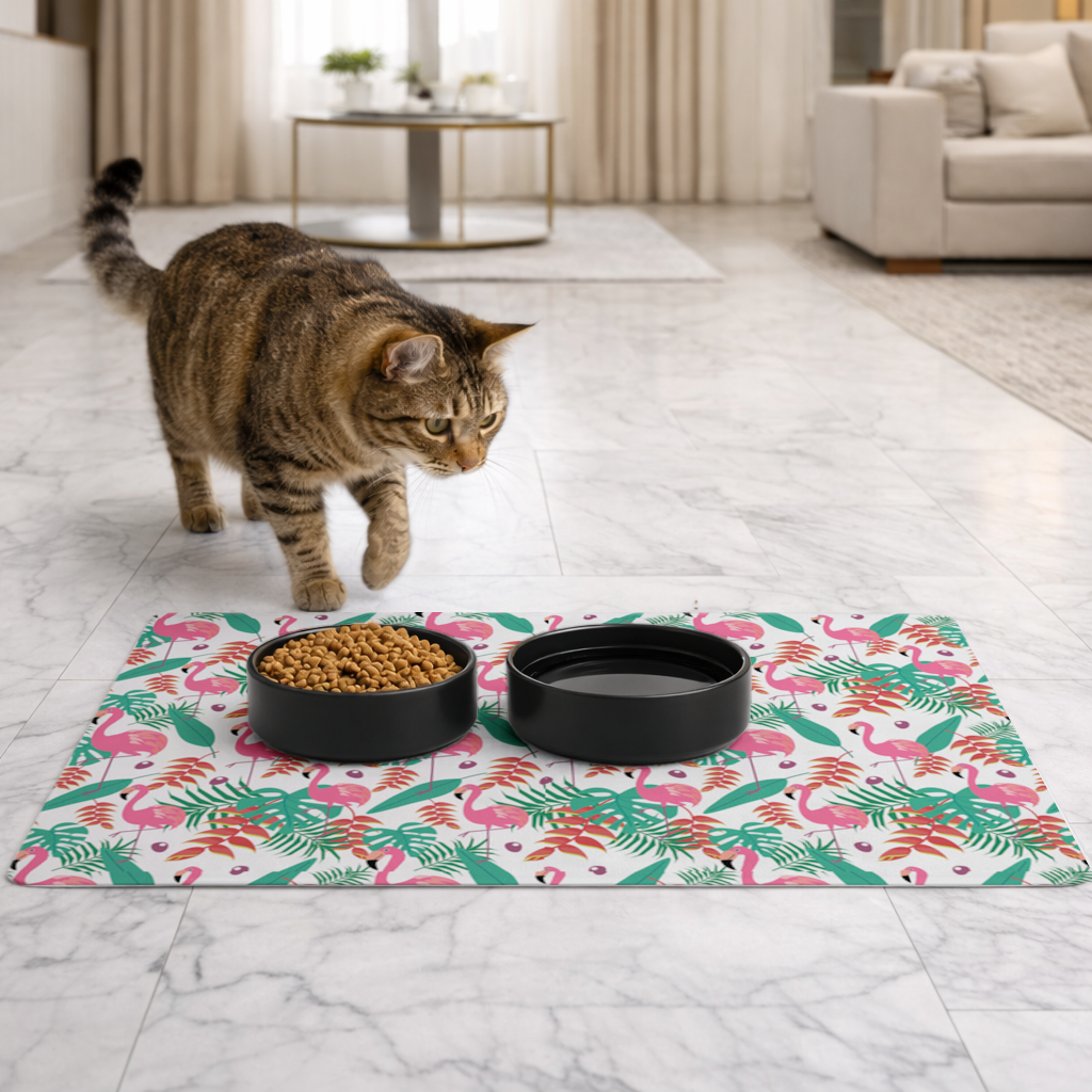 Pink Flamingo Tropical Leaves Pet Feeding Mat