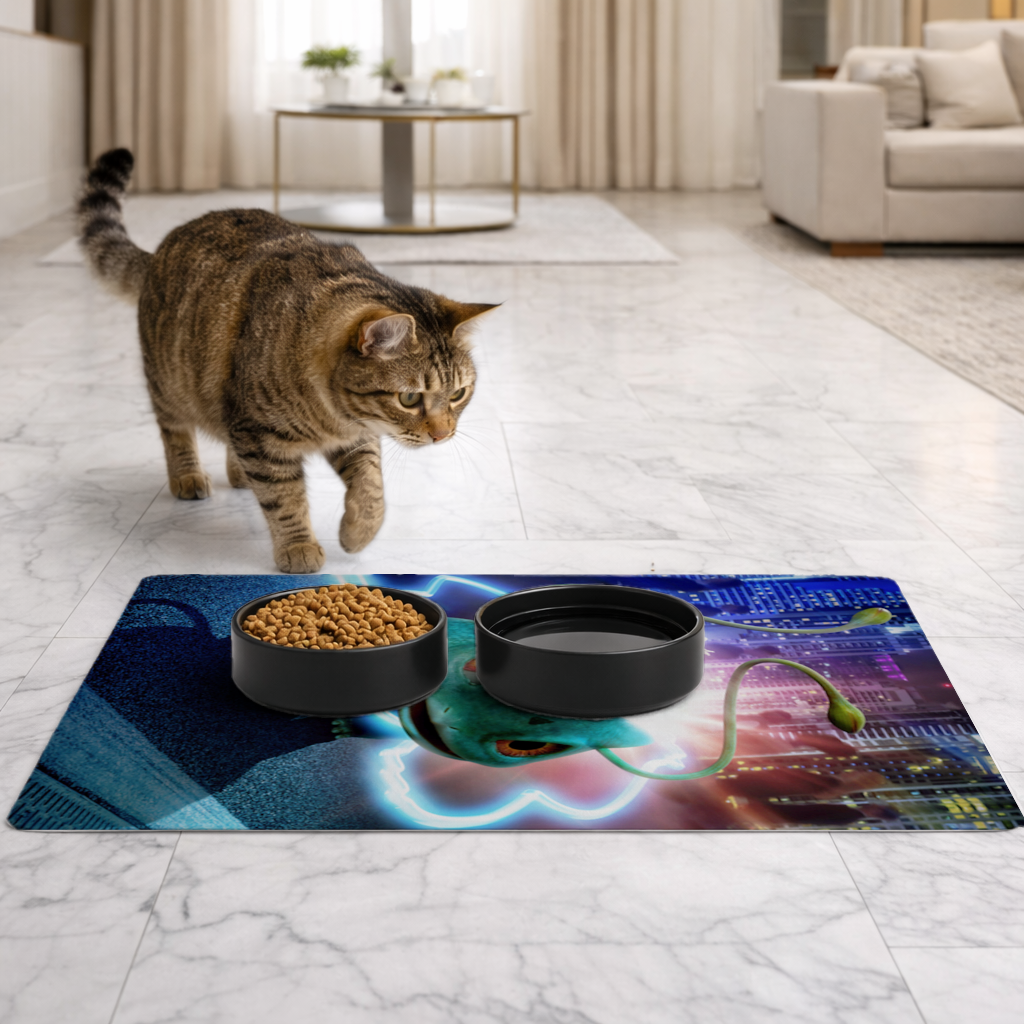 Gece Şehrinde Parlayan Neon Canavar Evcil Hayvan Besleme Matı