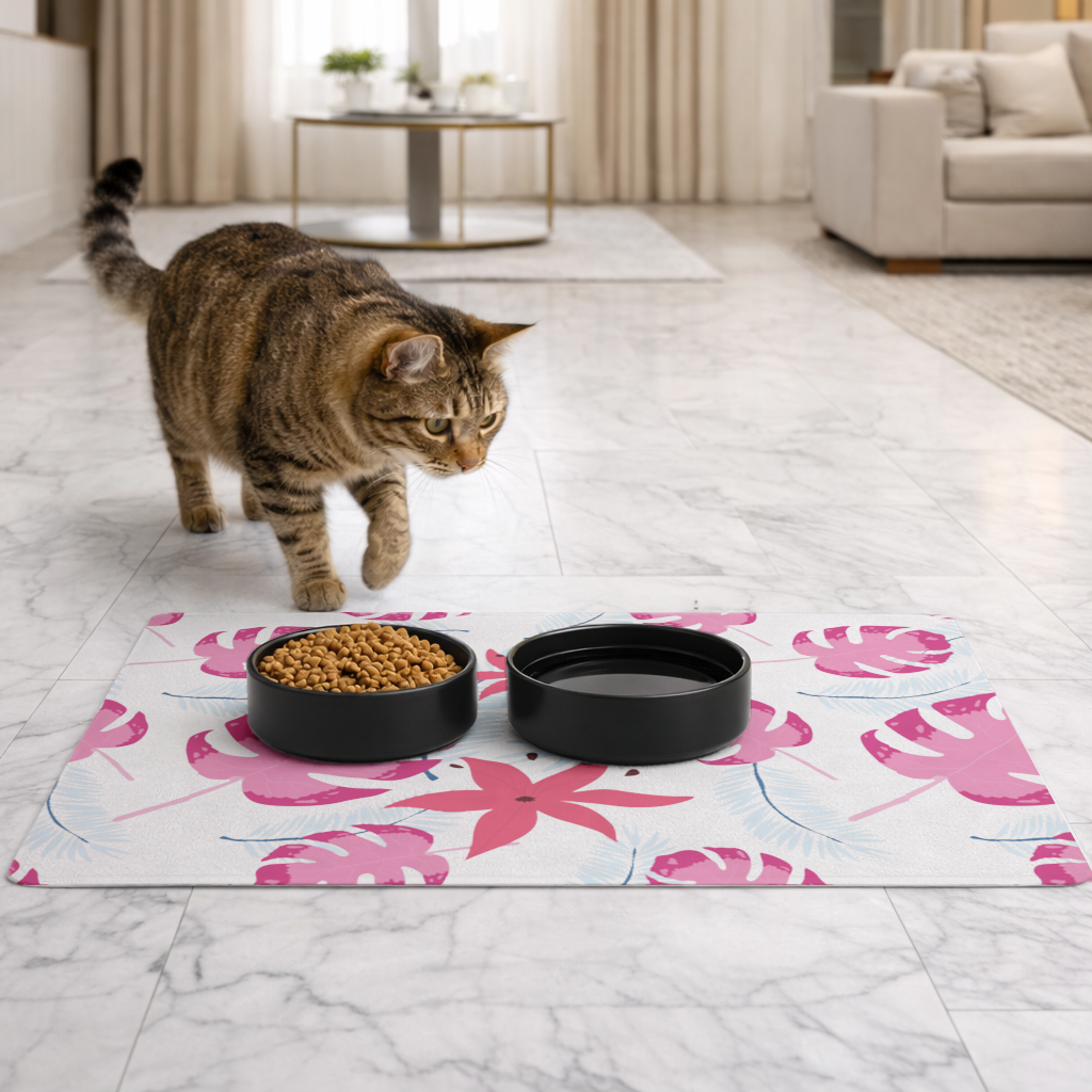 Pembe Monstera ve Tropikal Lilyum Evcil Hayvan Besleme Matı