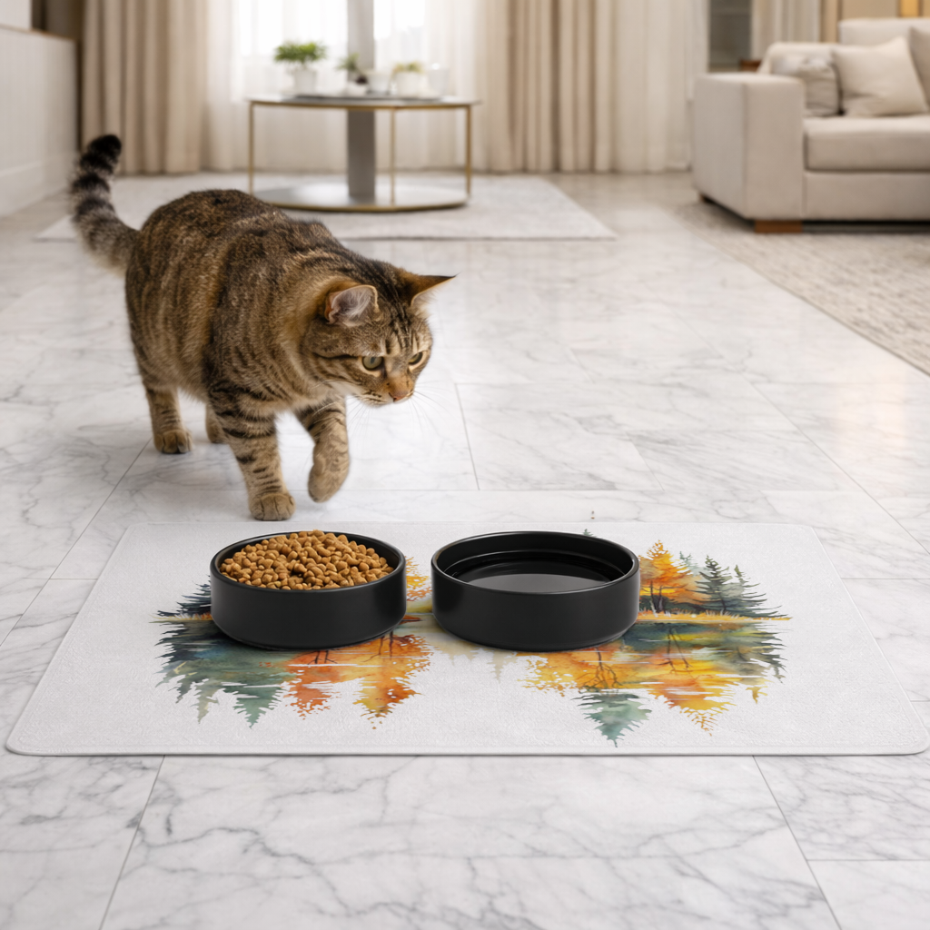 Autumn Forest Lake Reflection Pet Feeding Mat