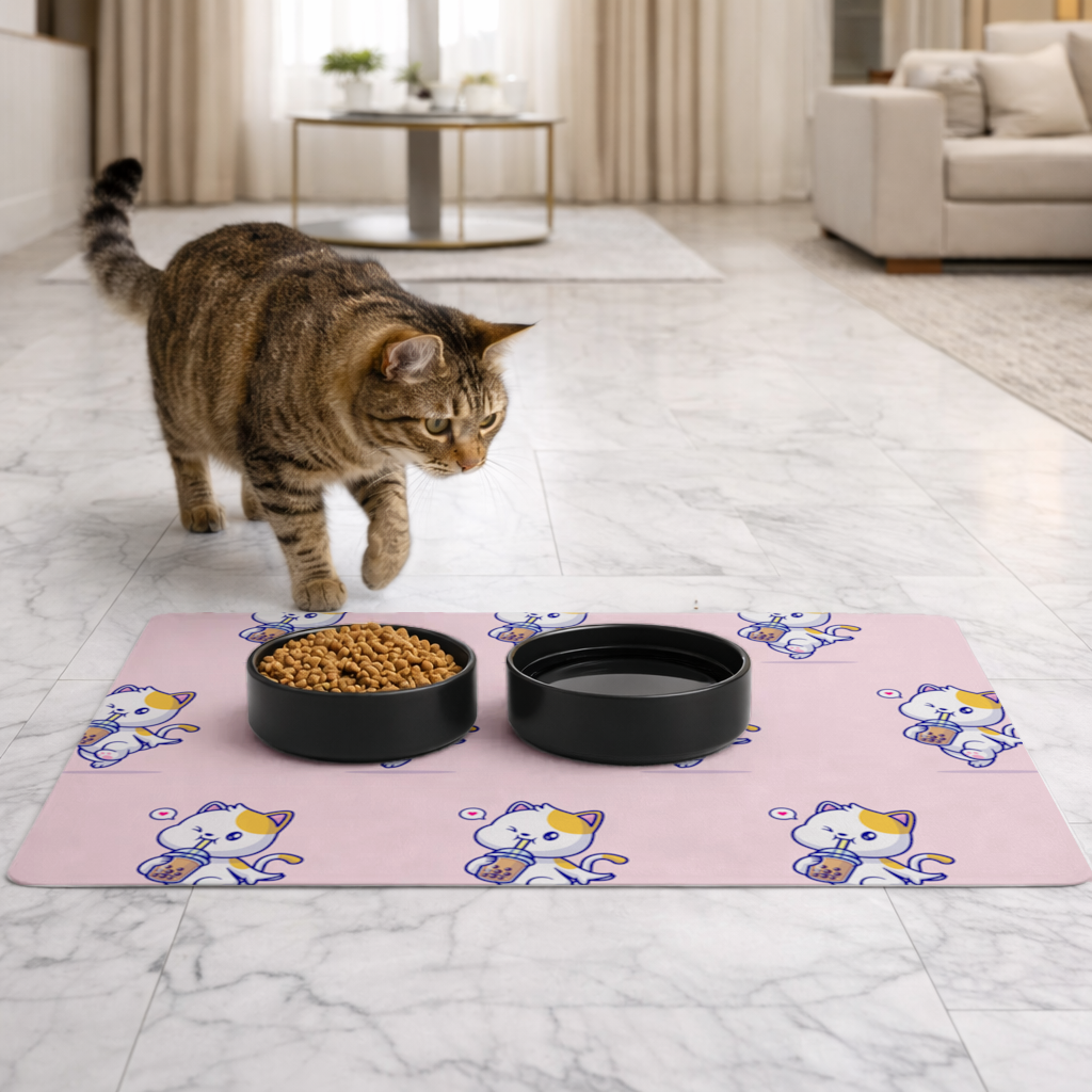 Boba Çayı İçen Kawaii Kedi Evcil Hayvan Besleme Matı