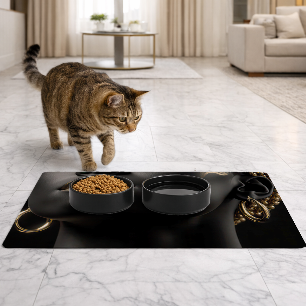 Siyah Altın Afrofütürist Kadın Evcil Hayvan Besleme Matı