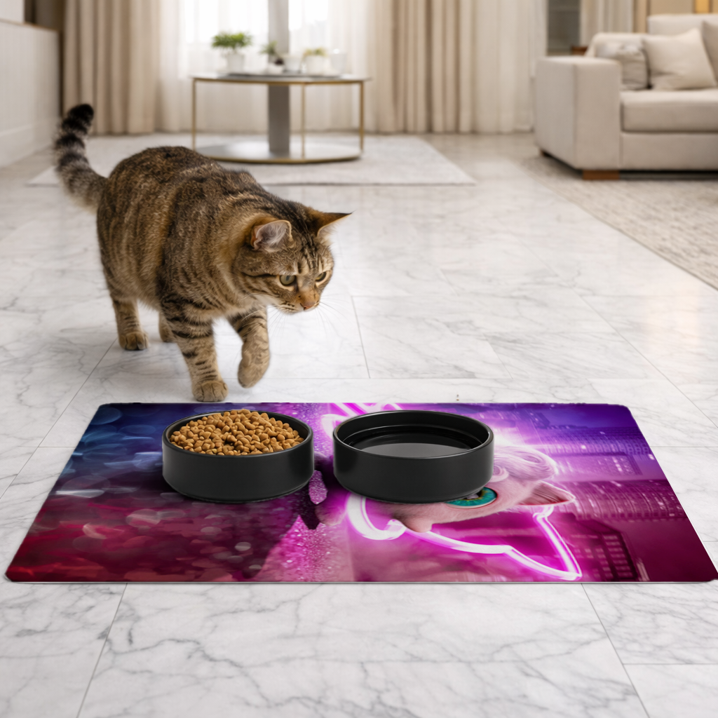 Cyberpunk Pink Fluffy Creature Pet Feeding Mat