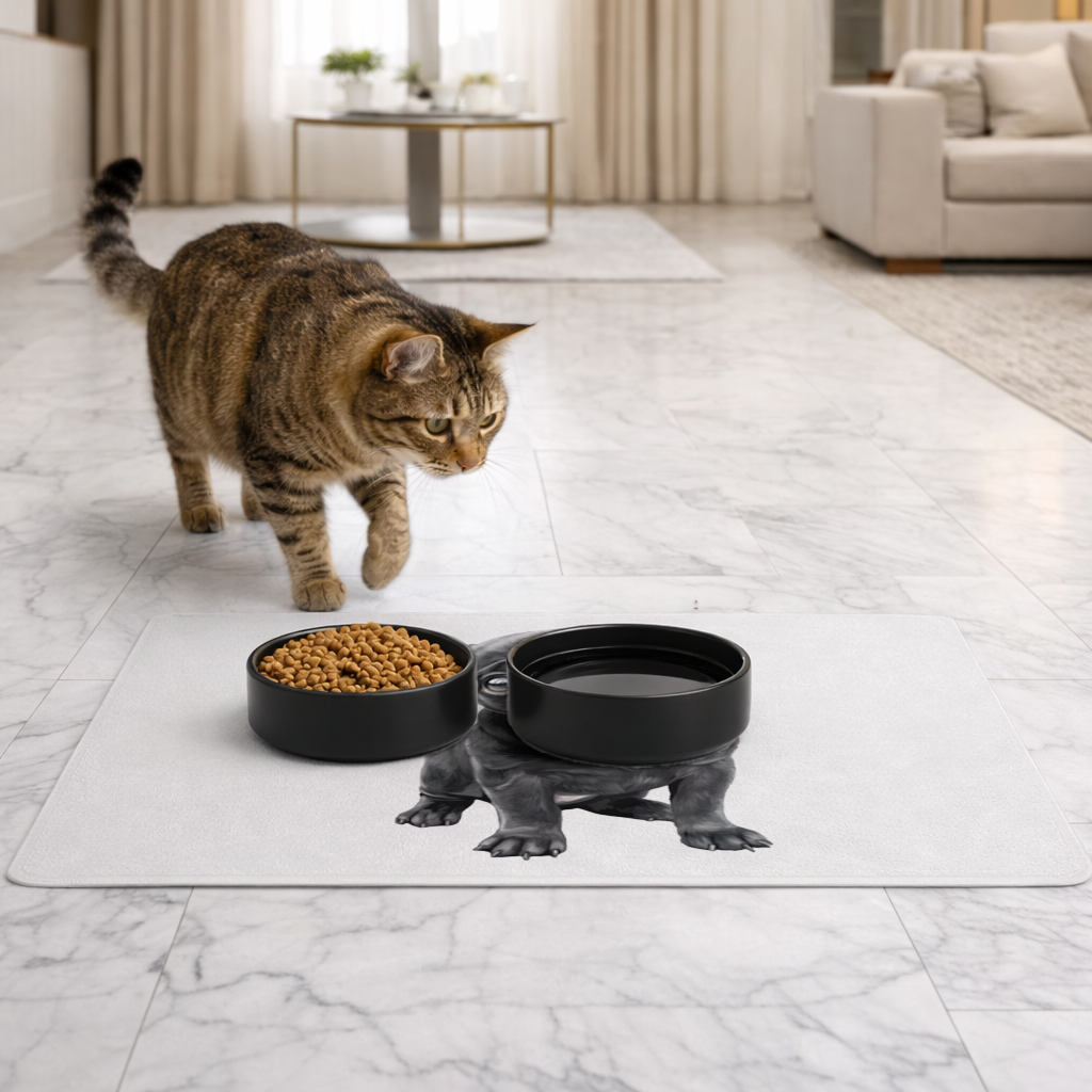 Masum Bakışlı Siyah Pug Yavrusu Evcil Hayvan Besleme Matı