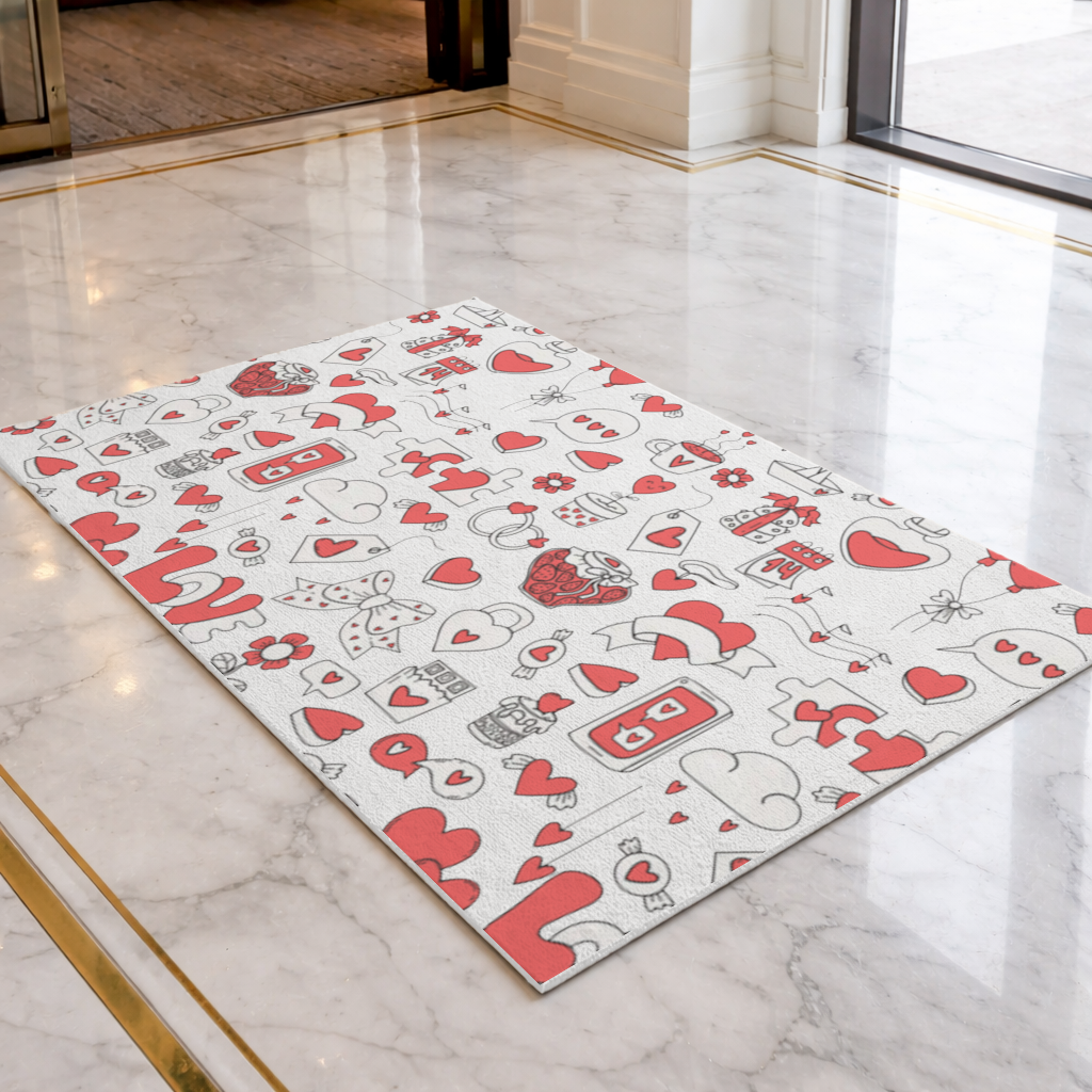 14 Şubat Doodle Aşk Temalı Kalp Desenli Sevgililer Günü Tasarımı Kapı Önü Paspası