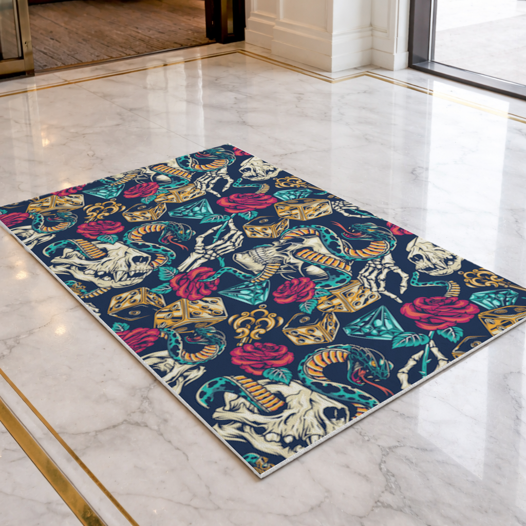 Skull Snake Dice and Roses Pattern Doormat