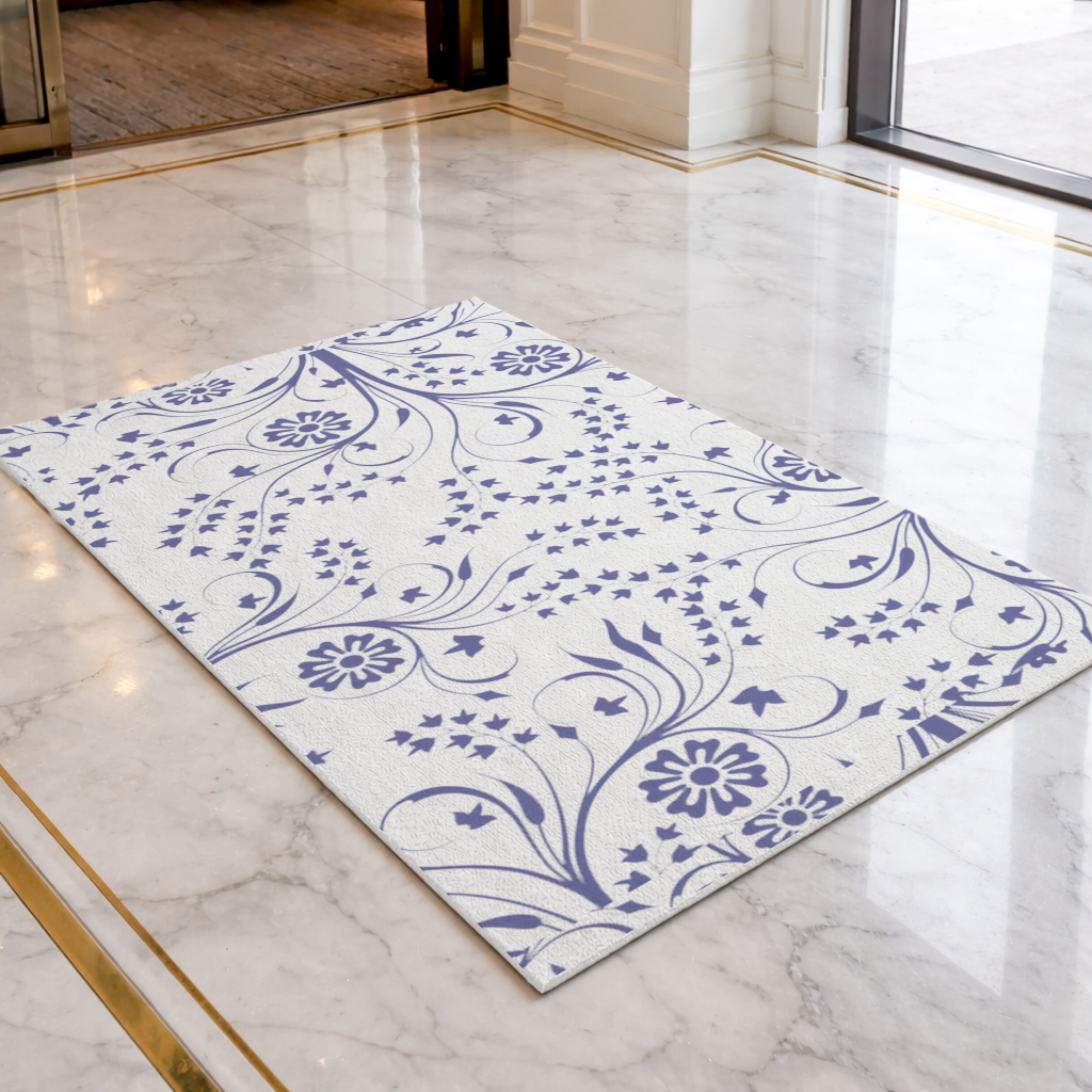 Blue White Vintage Floral Pattern Doormat