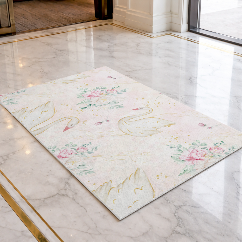 Pastel Watercolor Swan Floral Pattern Doormat