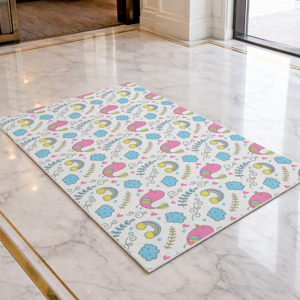 Cute Pink Bird and Rainbow Kids Pattern Doormat