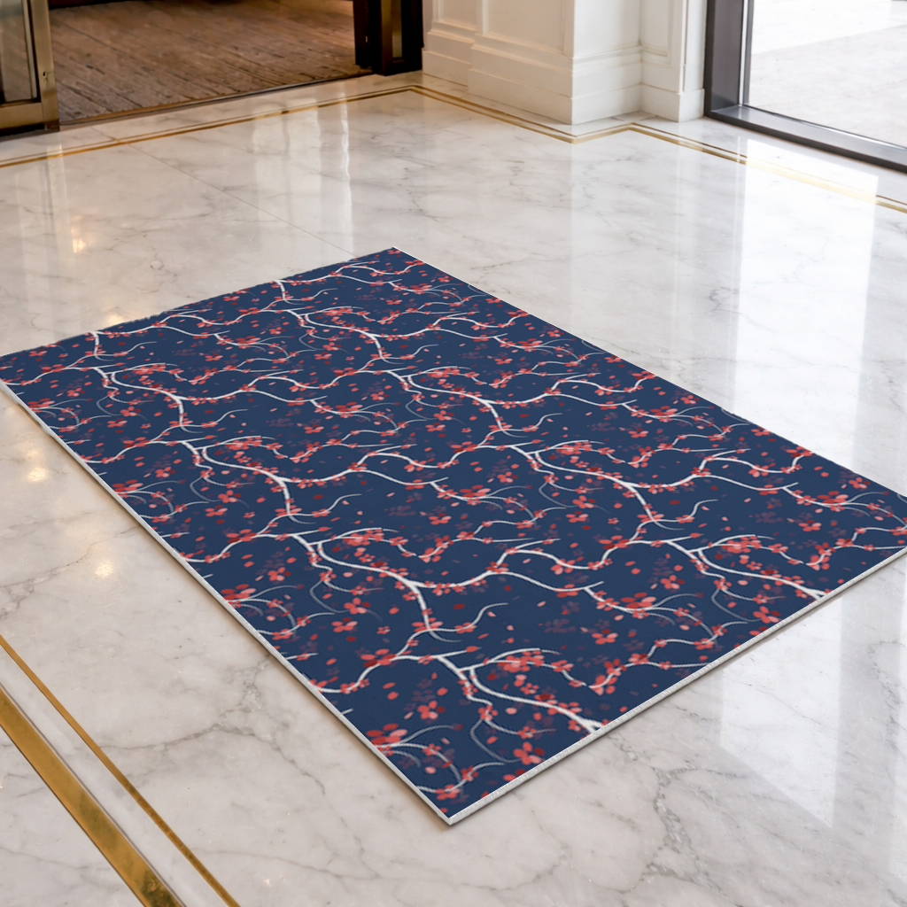 Red Floral Branch Pattern on Navy Background Doormat